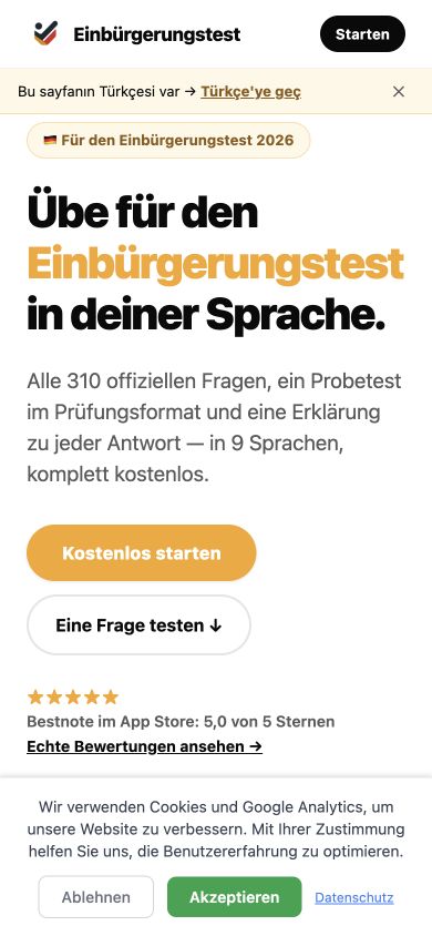 Einbürgerungstest mobil web ana ekranı