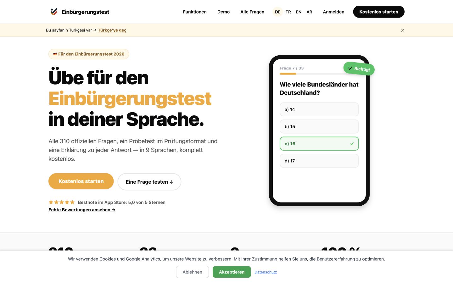 Einbürgerungstest web sitesi ana ekranı